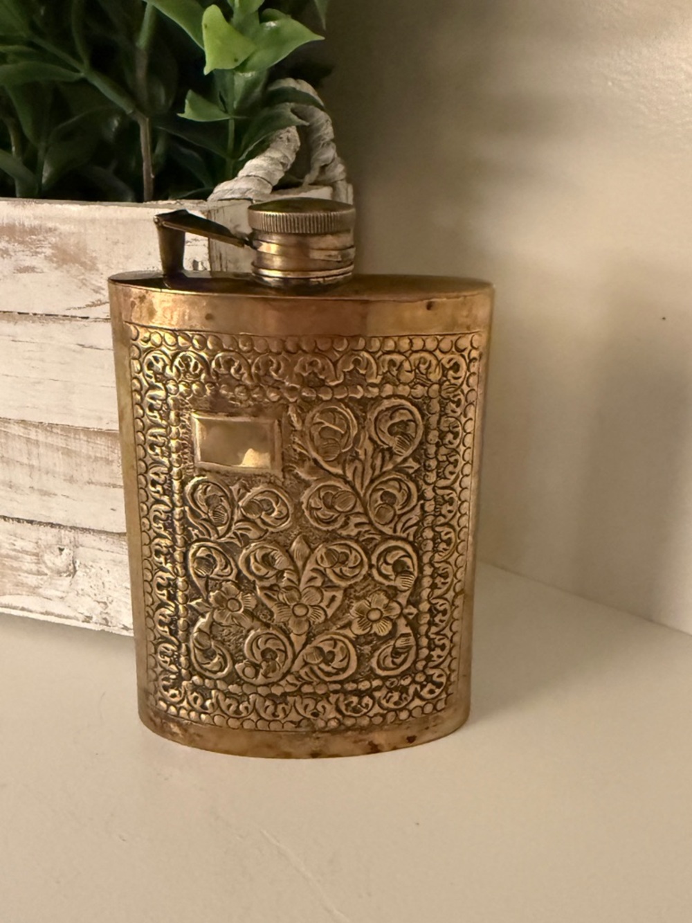 Flask Ornate Embossed Floral Gold Tone  Vintage